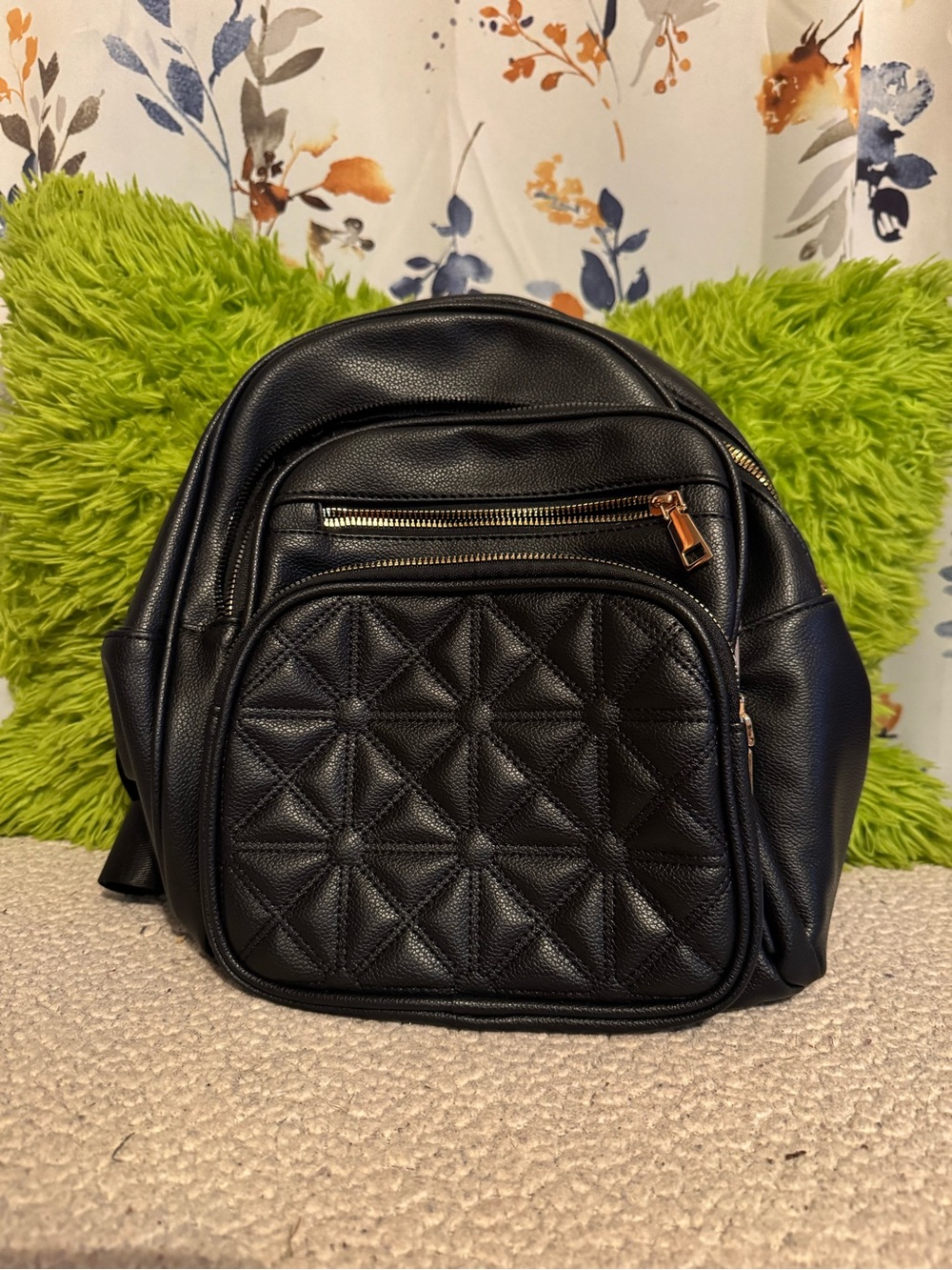 Quilted Black Women's Backpack with Gold Accents